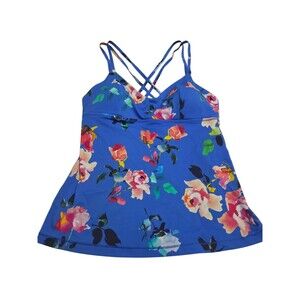 ATHLETA Swimsuit Tankini Tank Top Blue Floral Women's M Criss Cross Straps E10